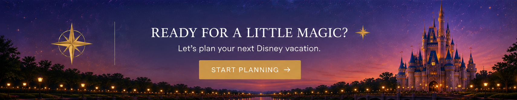Image that says, "ready for a little magic?" with a purple sky background and fairytale castle