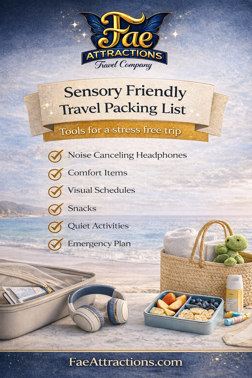Sensory friendly travel packing list graphic with headphones comfort items snacks and travel essentials