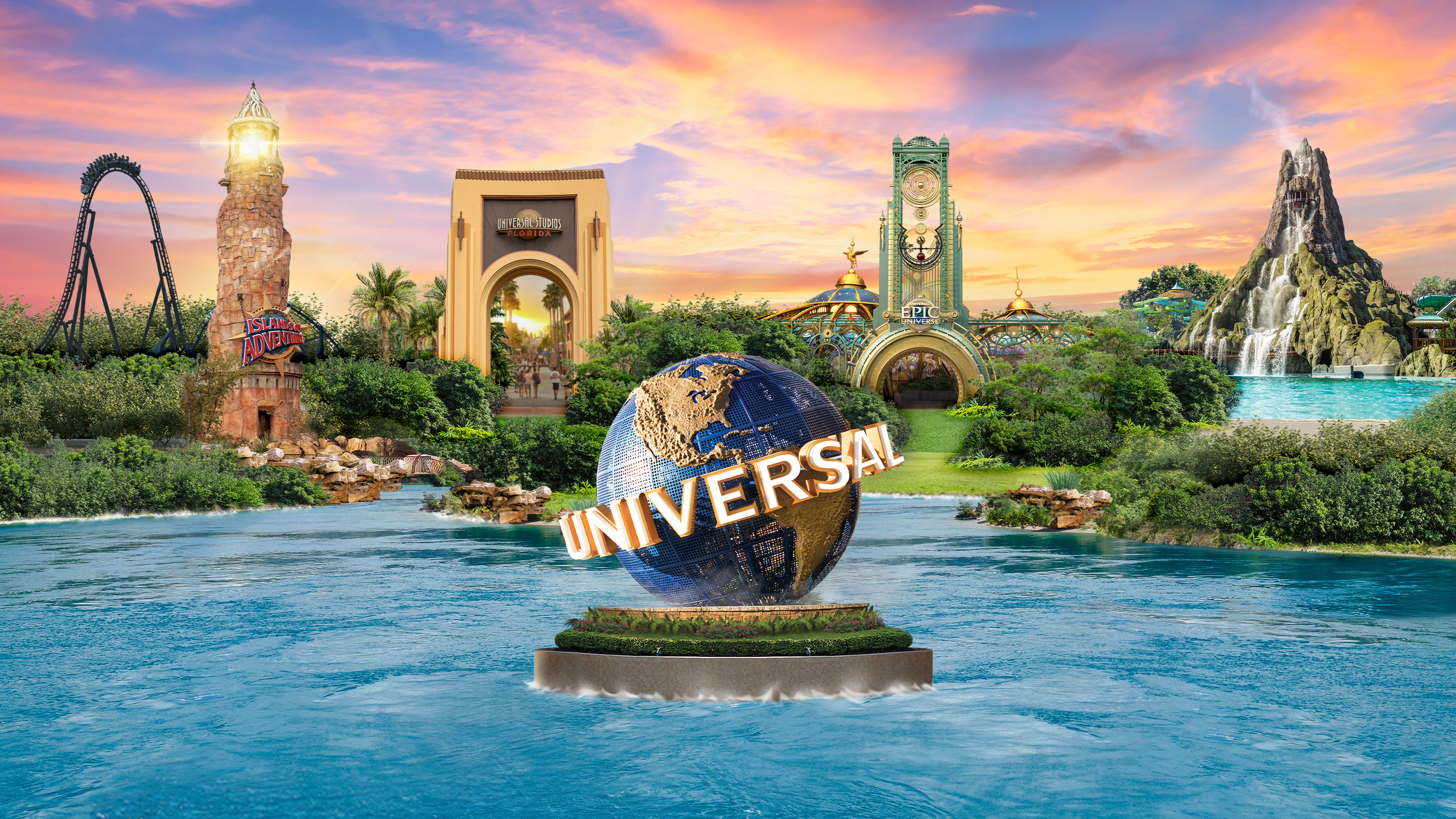 Universal Orlando Resort globe at park entrance with surrounding waterways and architecture