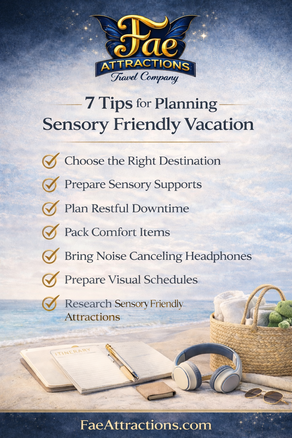 Sensory friendly travel tips graphic showing strategies for planning comfortable vacations for neurodiverse travelers