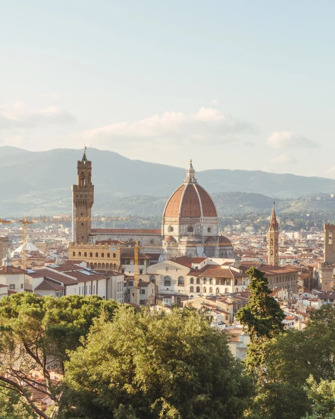 Panoramic view of Florence, Italy, featuring the Florence Cathedral with its iconic red-tiled dome, surrounded by historic buildings and lush green trees, with mountains in the background.