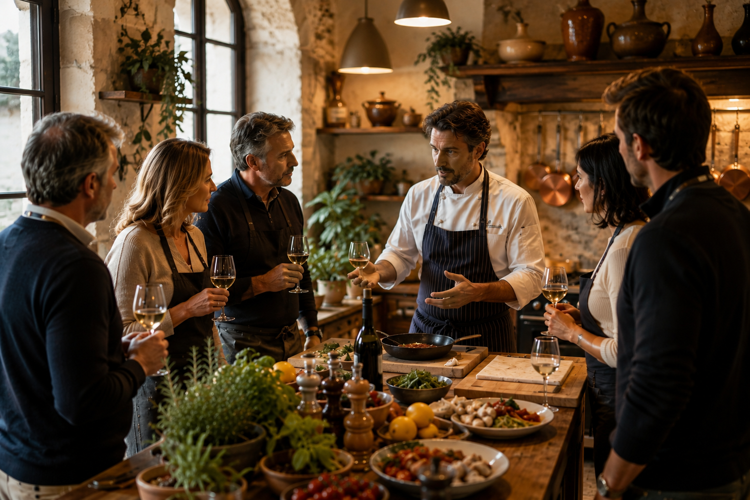 Small group of travelers gathered around a local chef in an intimate European cooking class or private vineyard tasting.