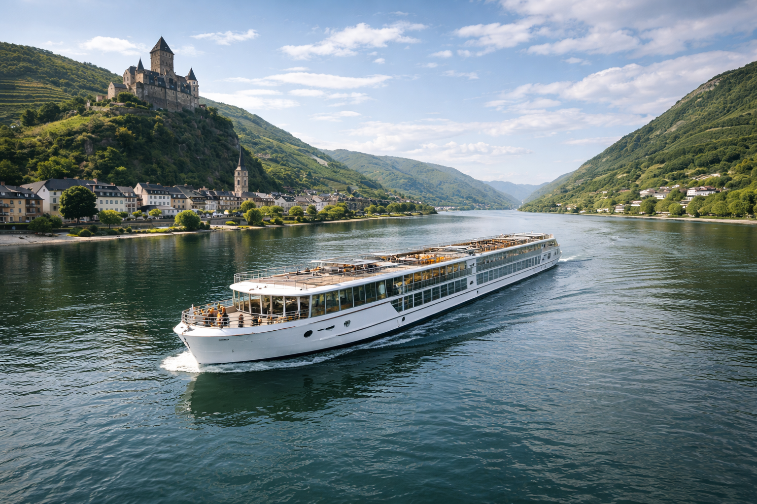 River cruise ship sailing through a scenic European river valley