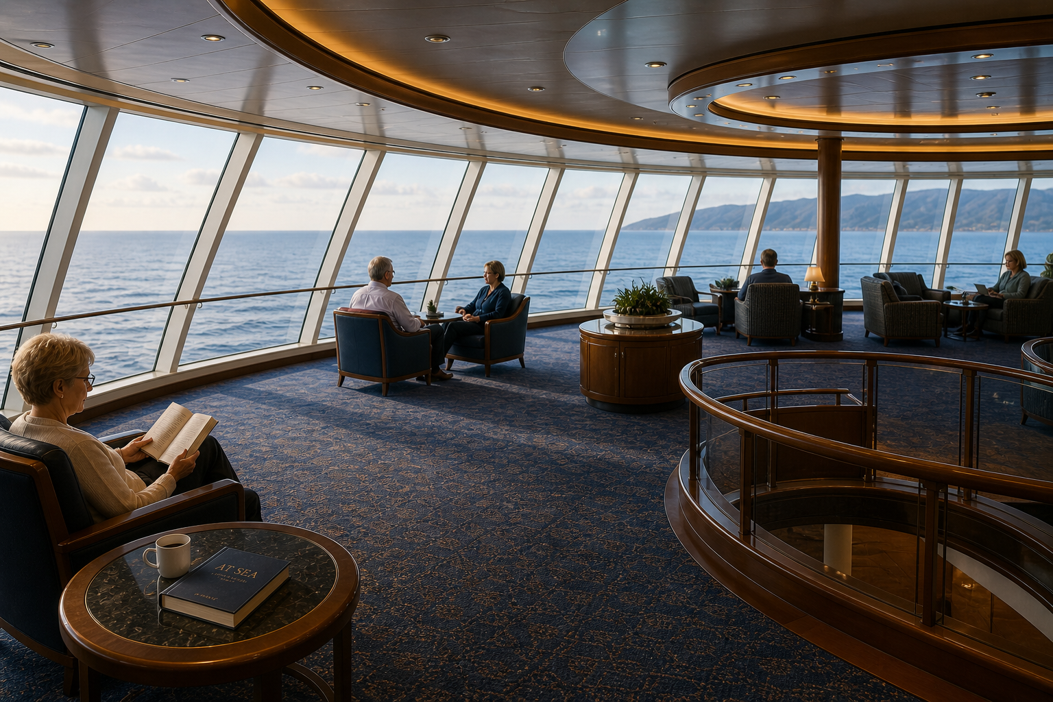 Spacious panoramic cruise observation lounge with calm seating, wide pathways, ocean views, and lower stimulation travel atmosphere for thoughtful accessible cruising