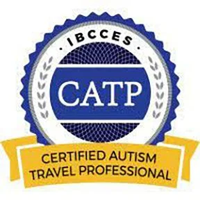Seal with blue and white design, labeled 'IBCCES CATP,' and a yellow banner saying 'Certified Autism Travel Professional.'