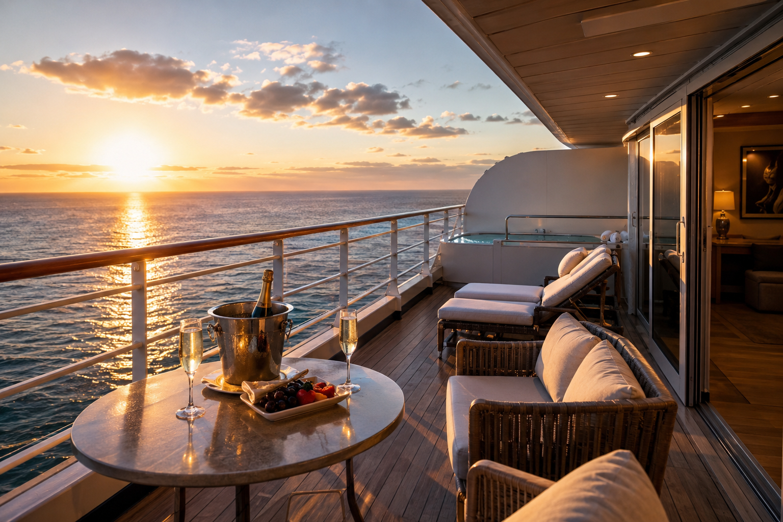 Luxury penthouse suite balcony overlooking the ocean at sunset aboard a premium cruise ship.
