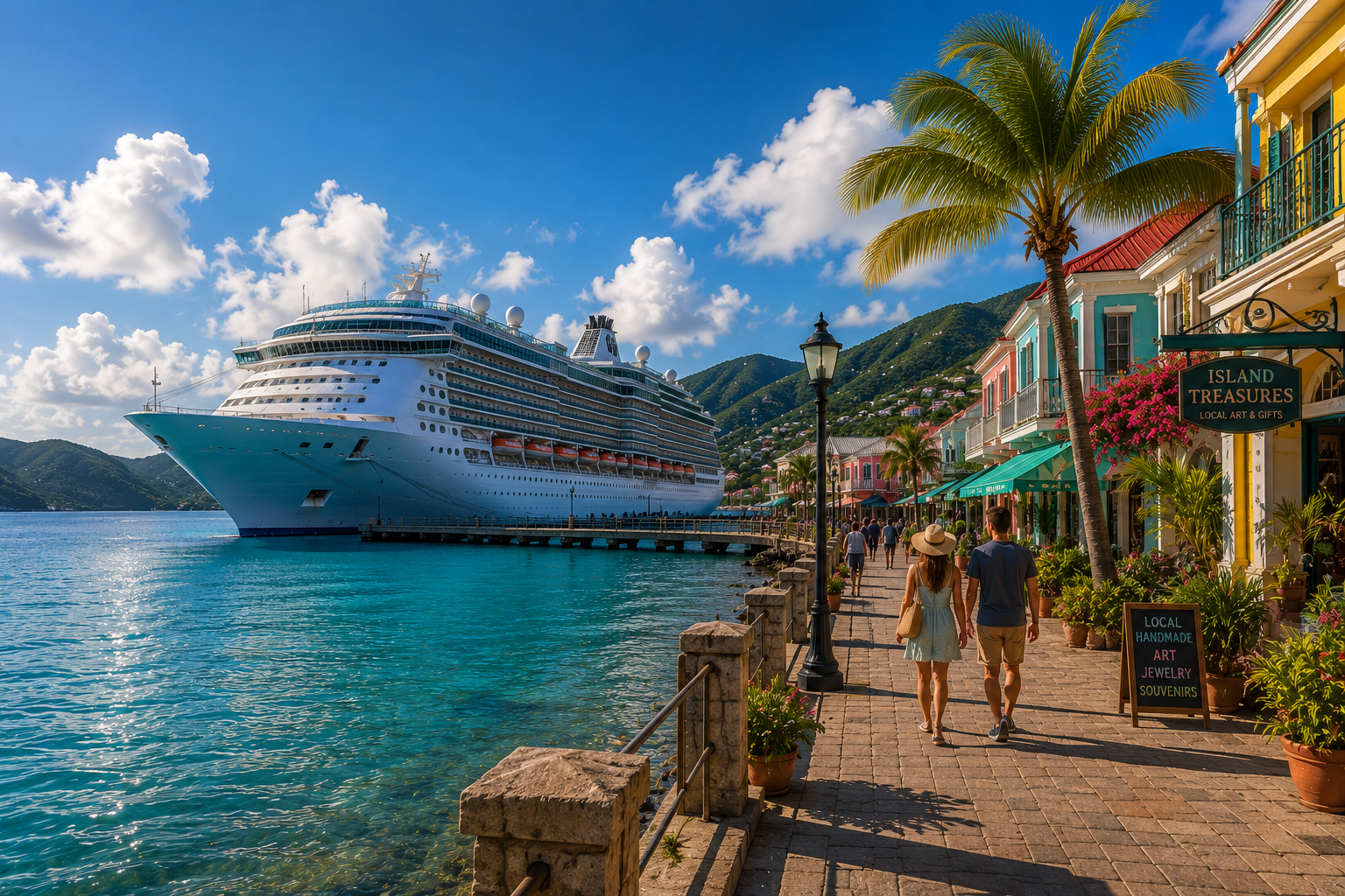 Cruise ship docked at an alternate Caribbean port as guests explore the waterfront after an itinerary change.