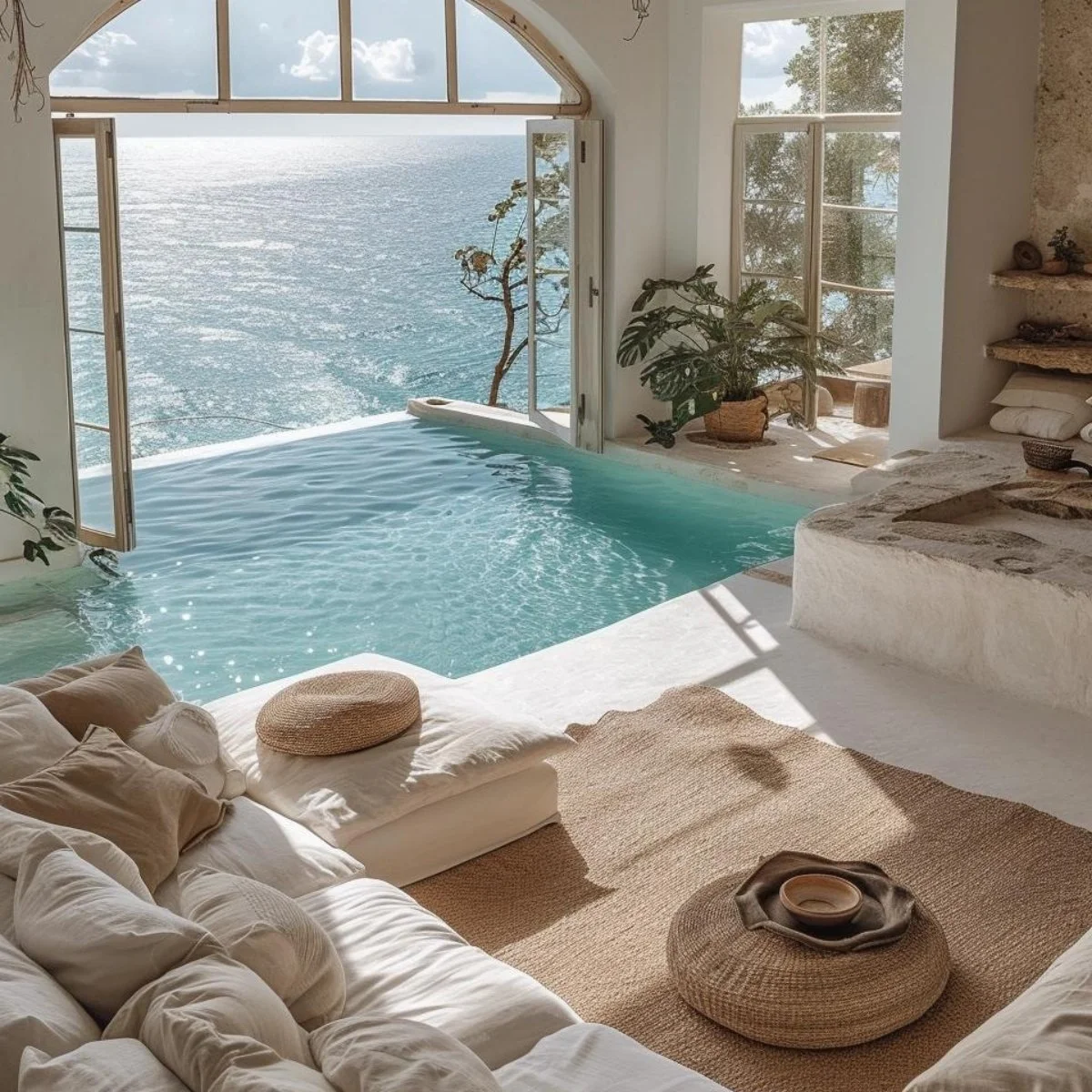 A cozy indoor space with a pool overlooking the ocean through open glass doors. There are plants, a woven cushion, and a rug, creating a relaxing, seaside atmosphere.