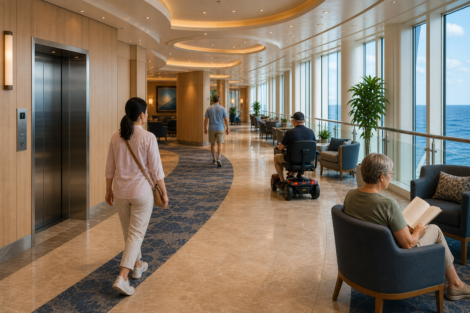 Spacious modern cruise ship promenade featuring accessible design elements, clear navigation, elevator access, and thoughtful travel comfort for diverse traveler needs