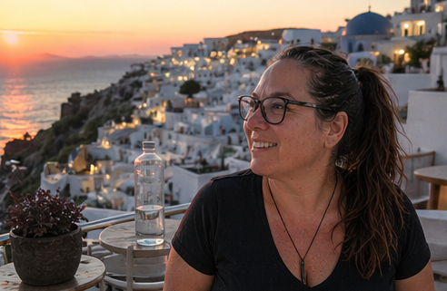 A woman with glasses and a ponytail, smiling, sitting outdoors at sunset with a view of white-washed buildings on a hillside in a coastal town, and the ocean in the background.