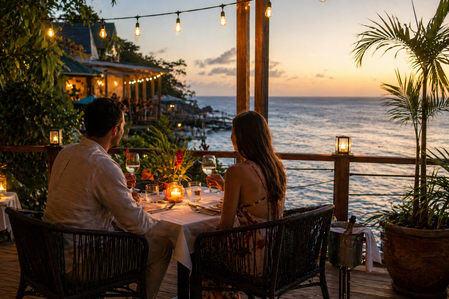 Couple enjoying a private candlelit seaside dinner on a luxury oceanfront terrace in St. Lucia at sunset