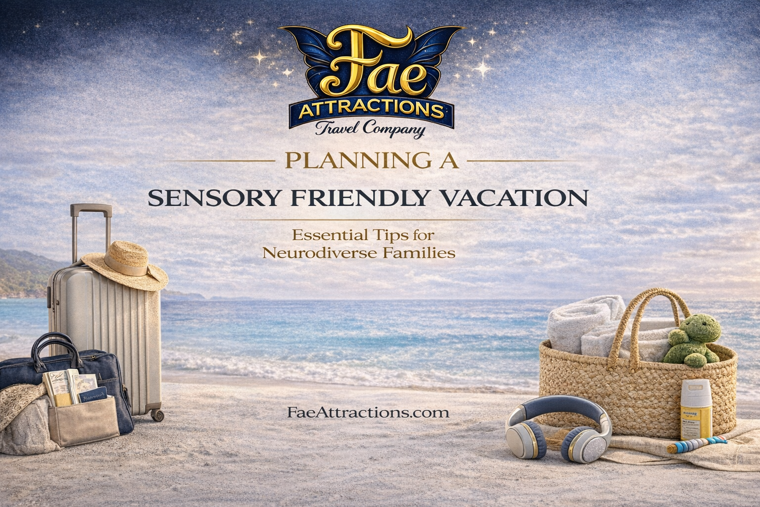 Sensory friendly vacation planning graphic with travel bags headphones and beach setting