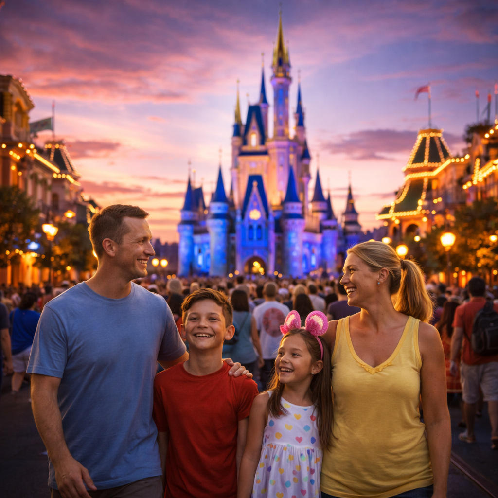 Family visiting a major theme park during a vacation