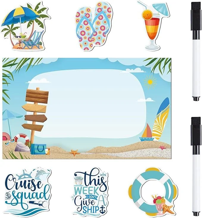 Beach scene with a signpost, sailboat, life preserver, and summer accessories on sand beach with blue sky and clouds