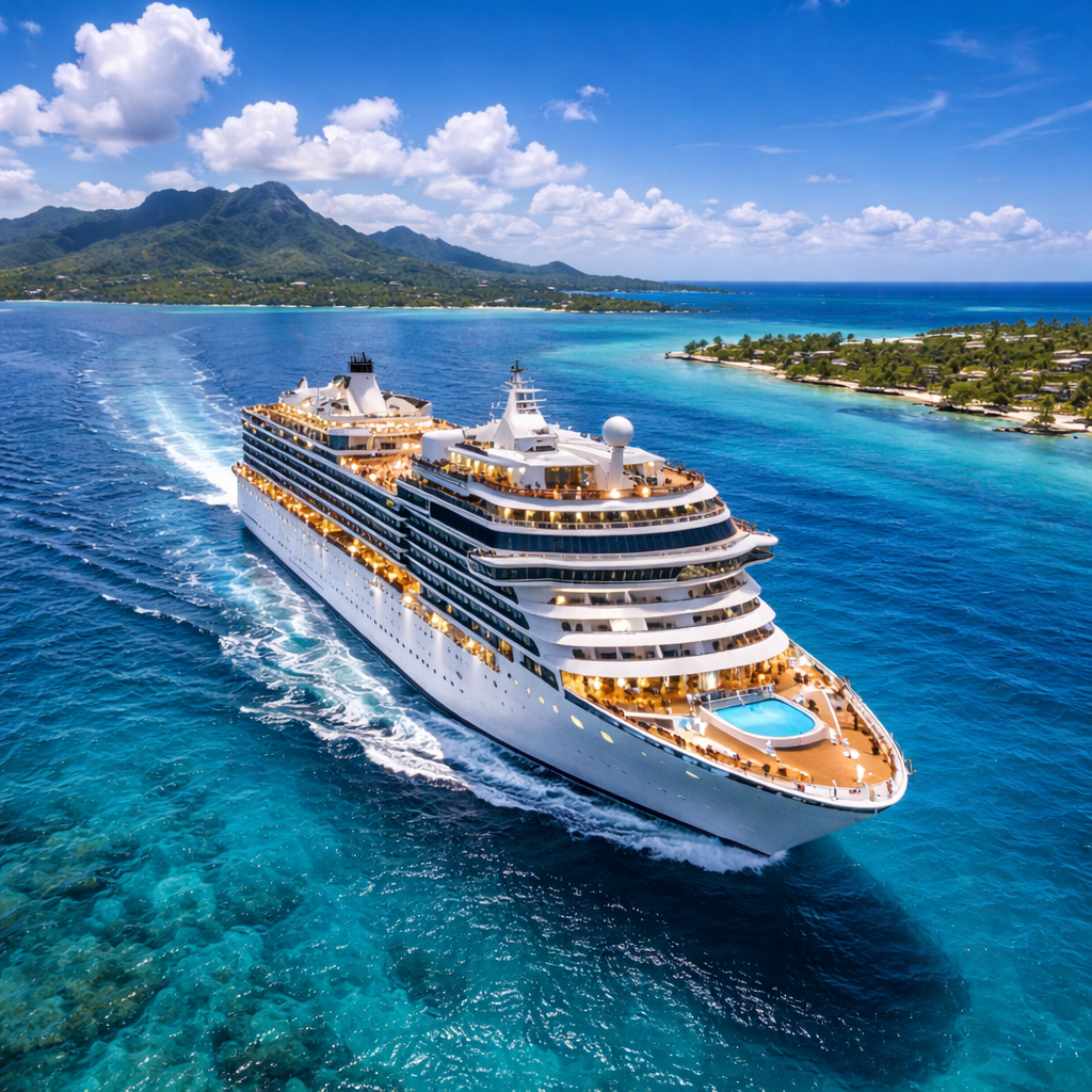 Large ocean cruise ship sailing through tropical blue water near island destinations
