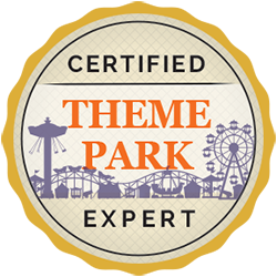 Badge with text 'Certified Theme Park Expert' and images of a roller coaster, ferris wheel, and tower in the background