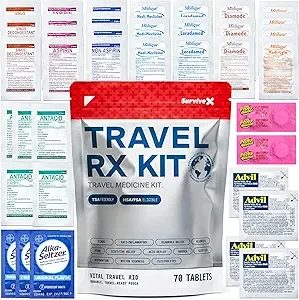 Travel RX Kit with 70 tablets, surrounded by various medication packets, blister packs, and blister pack of Advil.