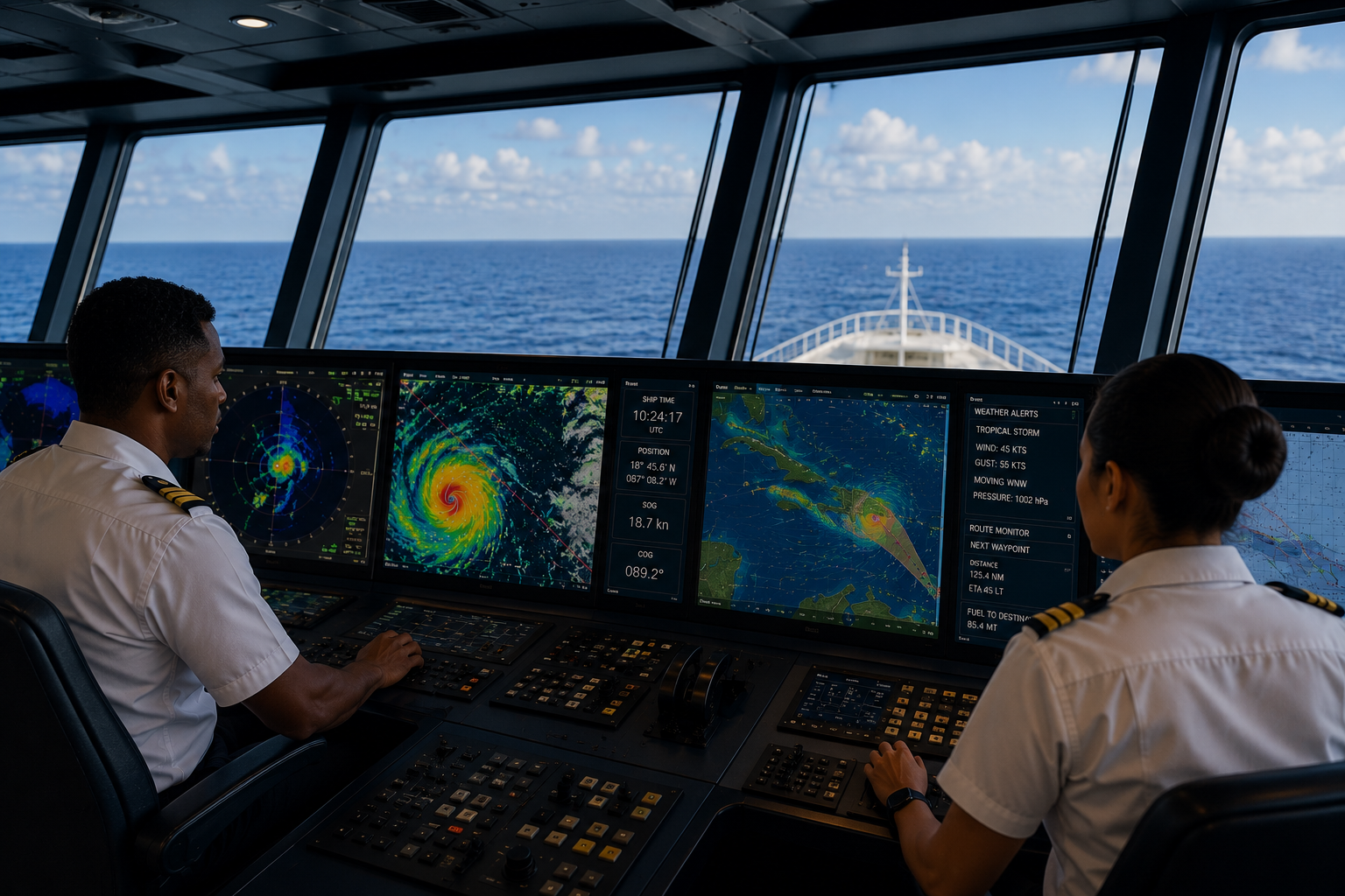 Cruise ship officers on the bridge monitoring weather forecasts while navigating at sea.