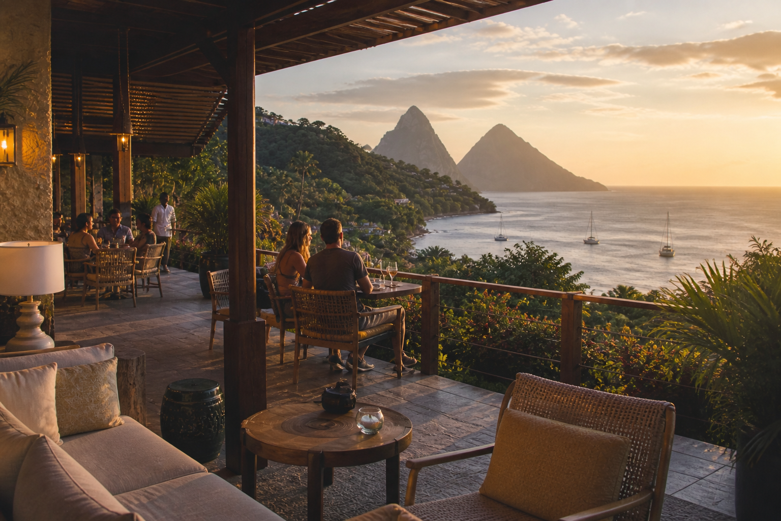 Elegant open air luxury resort terrace in St. Lucia featuring authentic Caribbean design, oceanfront dining, lush tropical surroundings, and subtle Piton views at golden hour