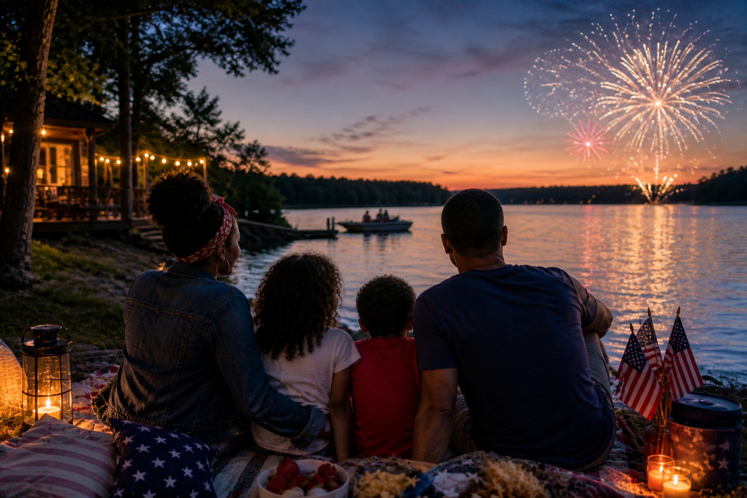 A family enjoys a peaceful Fourth of July lakeside picnic at sunset, watching distant fireworks reflect softly over calm water from a quiet blanket near a cozy cabin rather than a crowded public celebration.