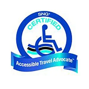 Certified accessible travel advocate logo with a blue wheelchair symbol and text in blue, green, and white.