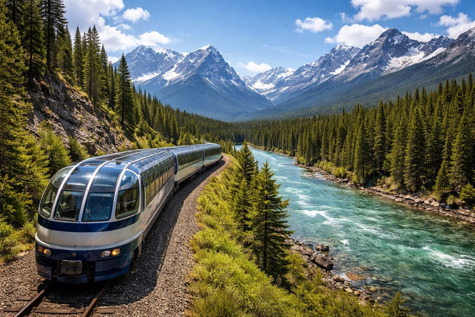 Panoramic train traveling through a mountain landscape beside a river