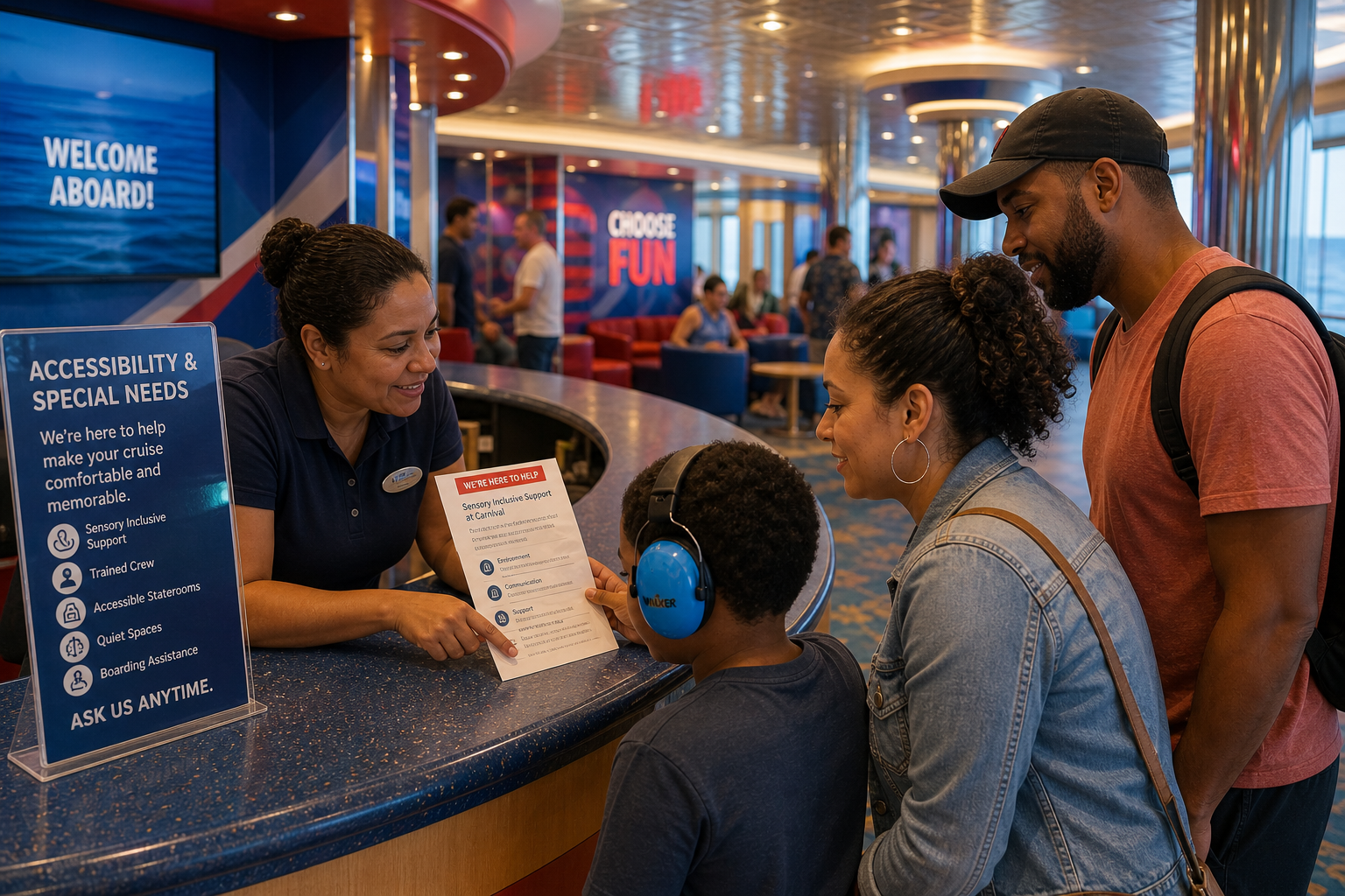 Family consulting cruise guest services about sensory inclusion, accessibility support, and special needs resources aboard a colorful mainstream cruise ship