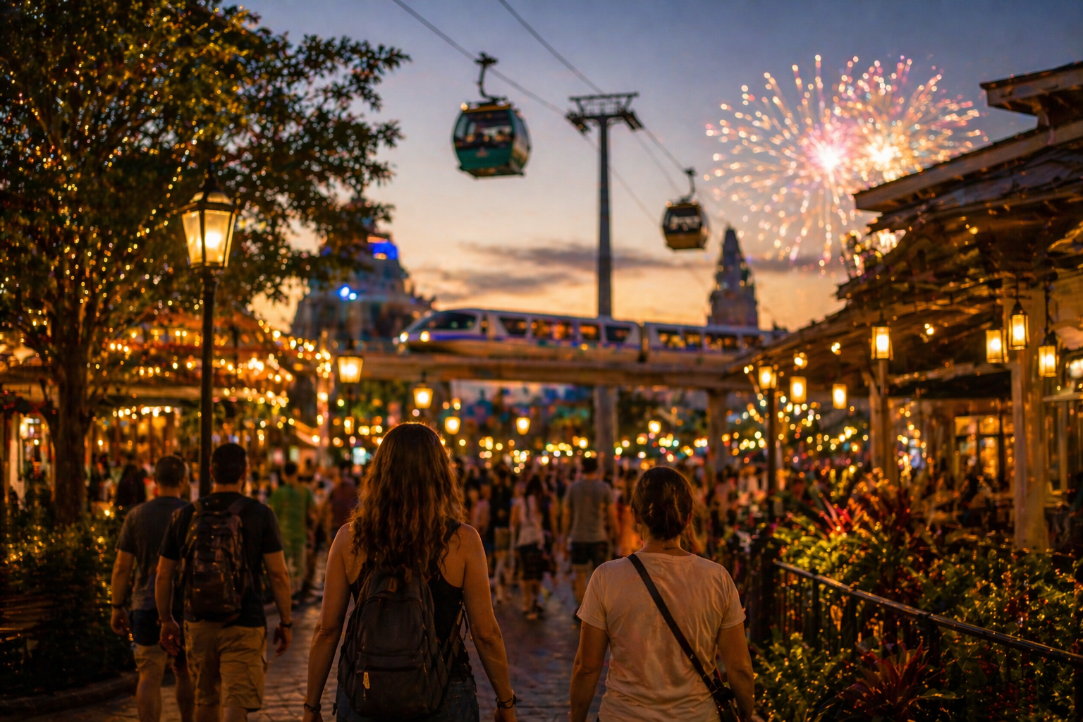 Disney theme park at sunset with guests walking, skyliner gondolas overhead, and fireworks in the background