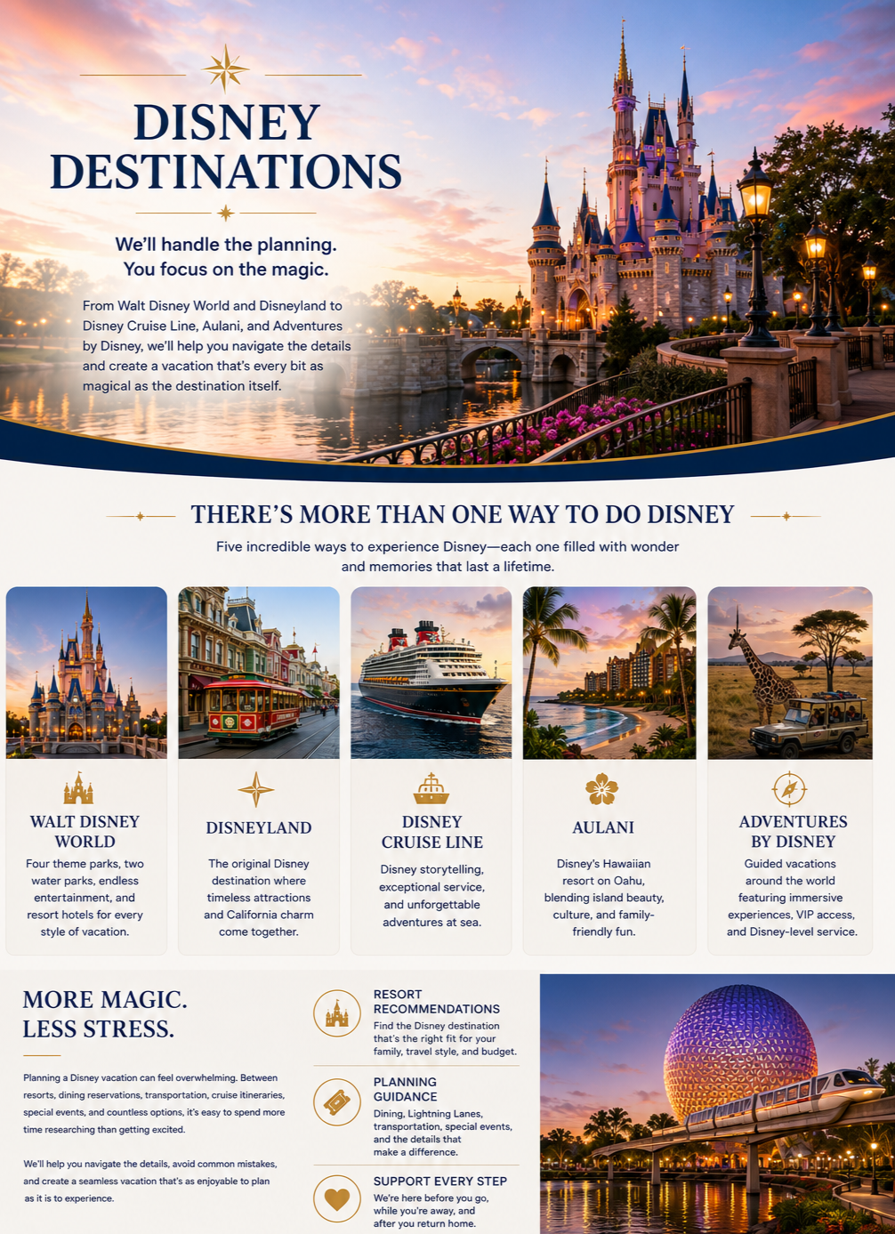 Disney Destinations promotional flyer featuring Cinderella Castle at sunset, with sections on Disney World, Disneyland, Disney Cruise Line, Aulani, and Adventures by Disney, highlighting themed parks, attractions, and experiences.