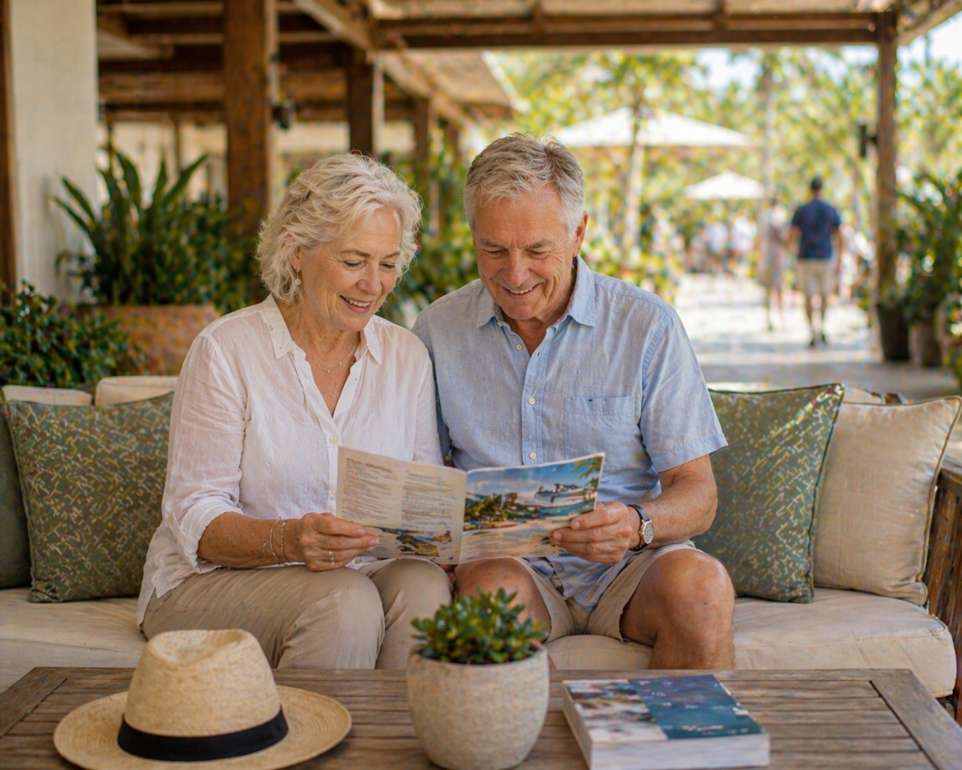 Older couple reviewing a travel itinerary together in a calm, easy to navigate resort setting