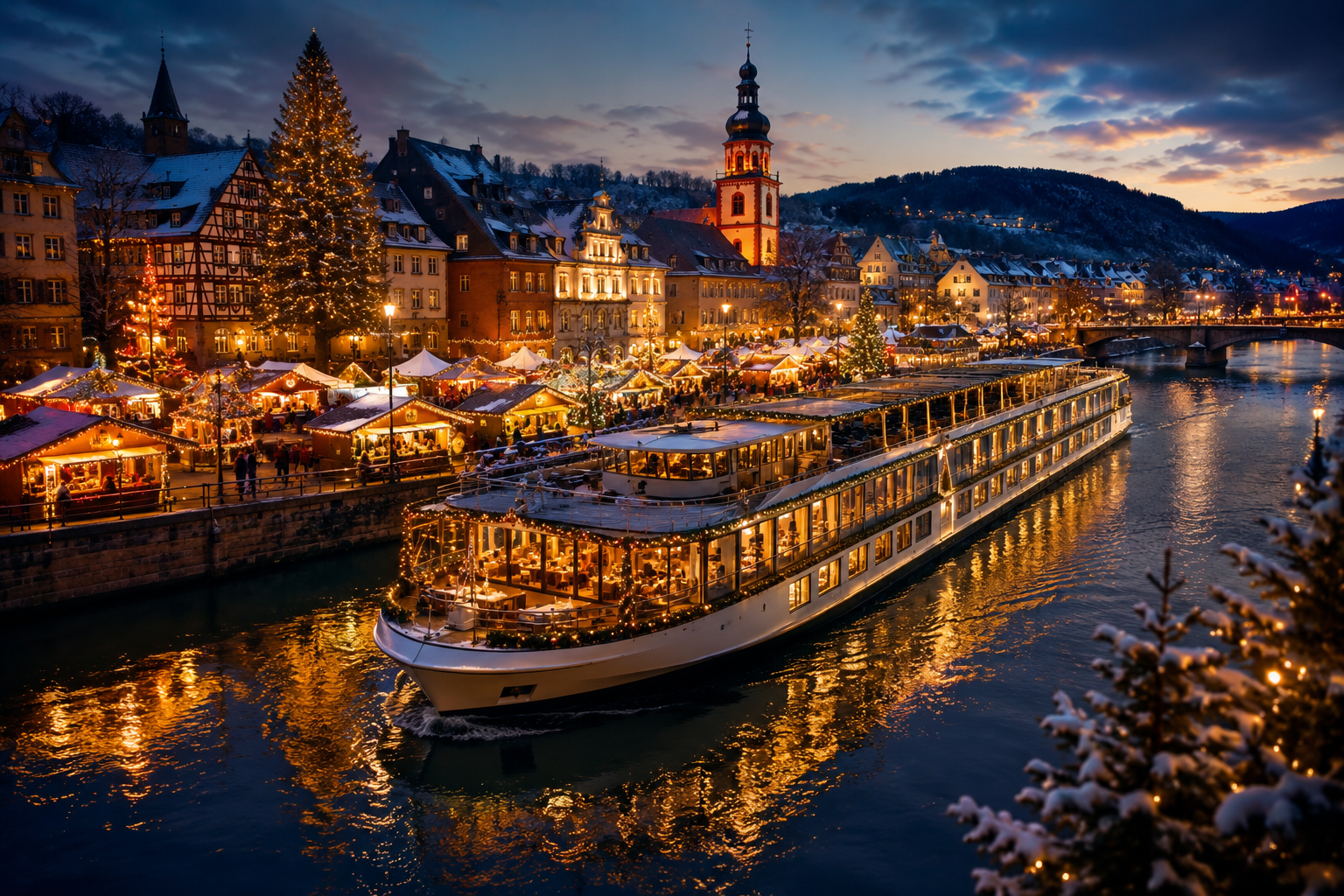 Luxury Christmas market river cruise sailing past a festive European town at dusk, illuminated by holiday lights, decorated market stalls, and historic architecture reflected on the river.