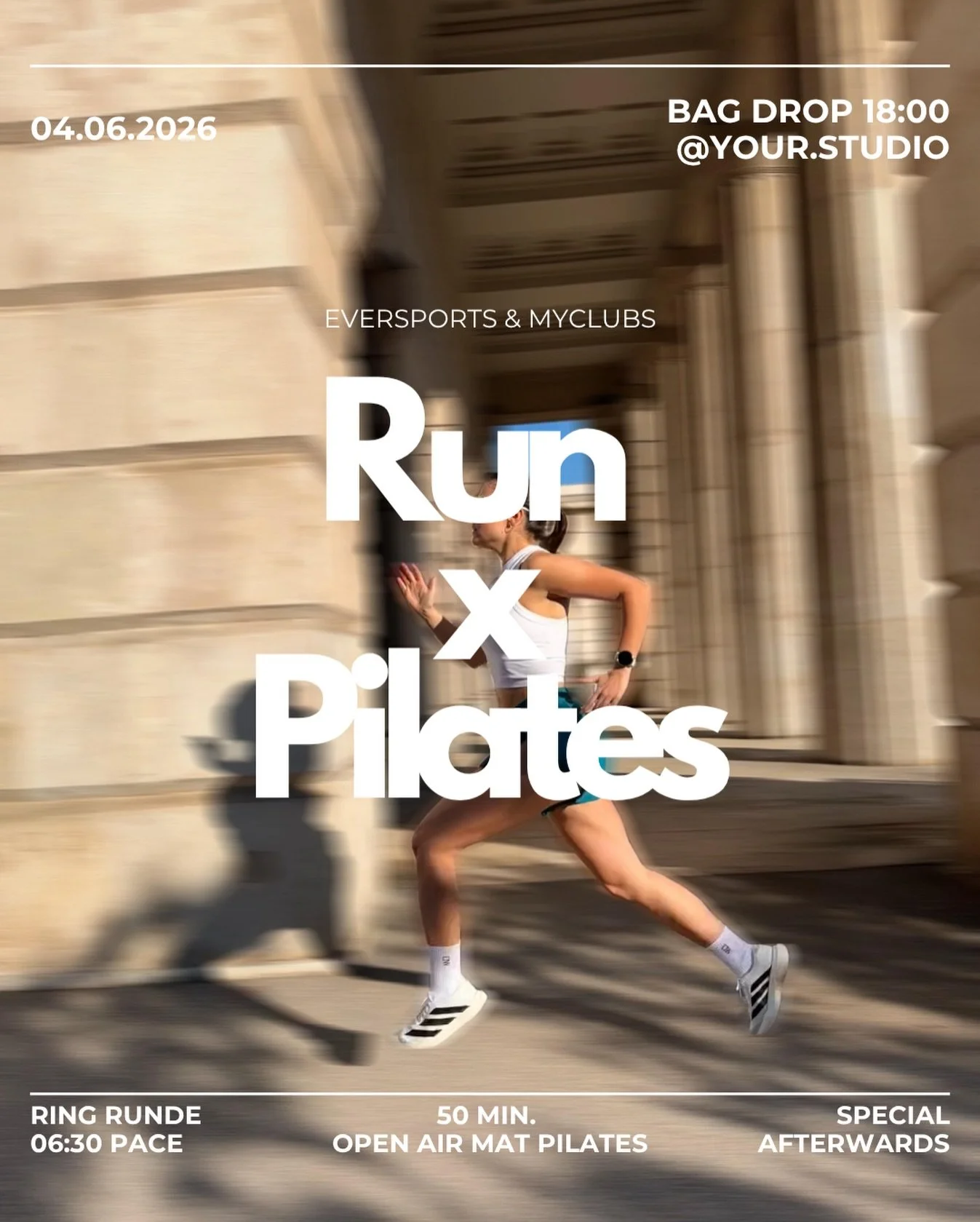 SAVE THE DATE: 04.06. Unser 1. Run x Pilates Event ist da!
Nach einer entspannten Ring Runde mit @antonia.tsf trainiert ihr gemeinsam eine 50 Min. Pilates Session mit @yasminsophie_ &amp; @ineskollmann im Votivpark. Ein Sundowner After-Work Special w