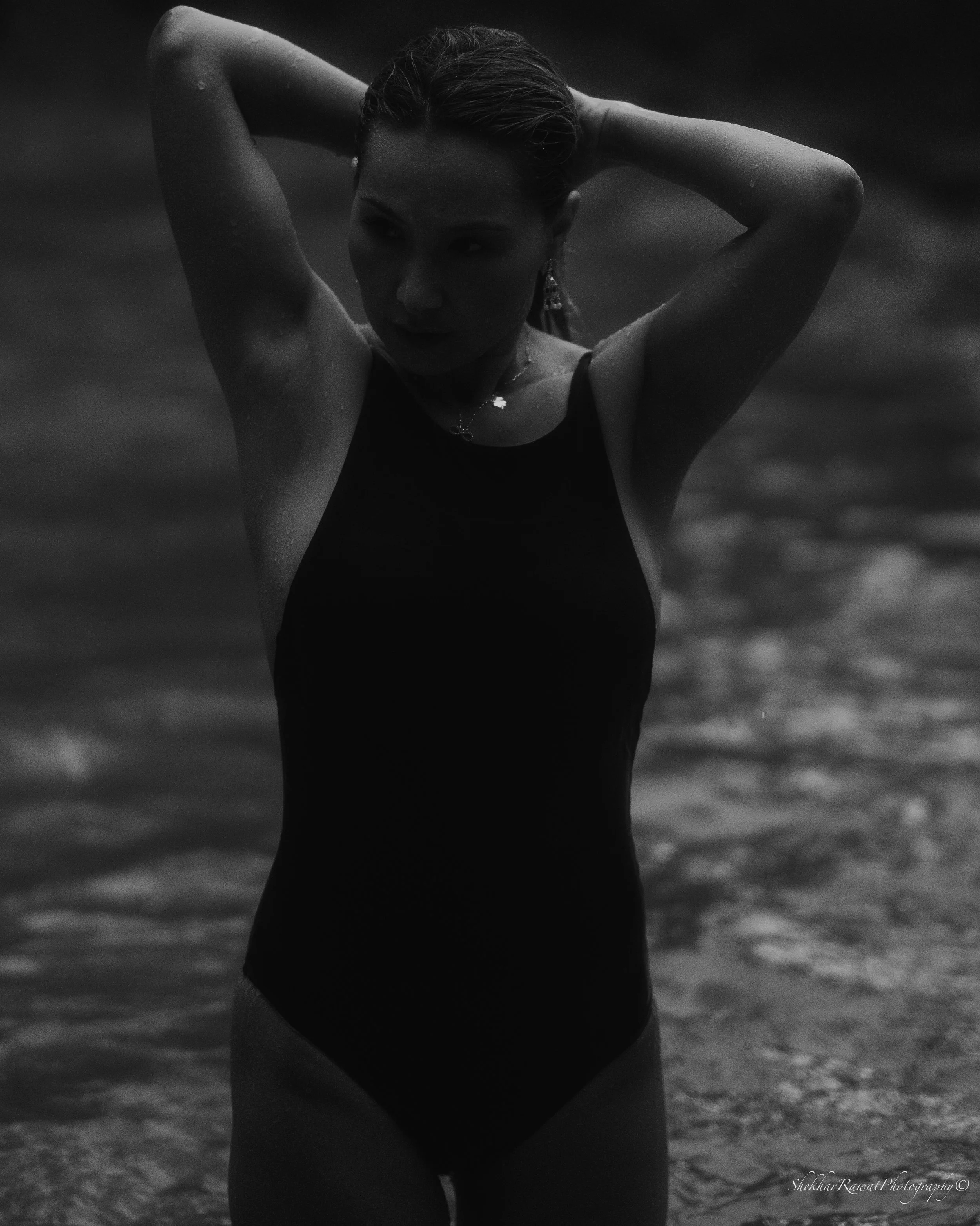 Black and white beach portrait of a model in a swimsuit, swimwear photography by Melbourne photographer Shekhar Rawat