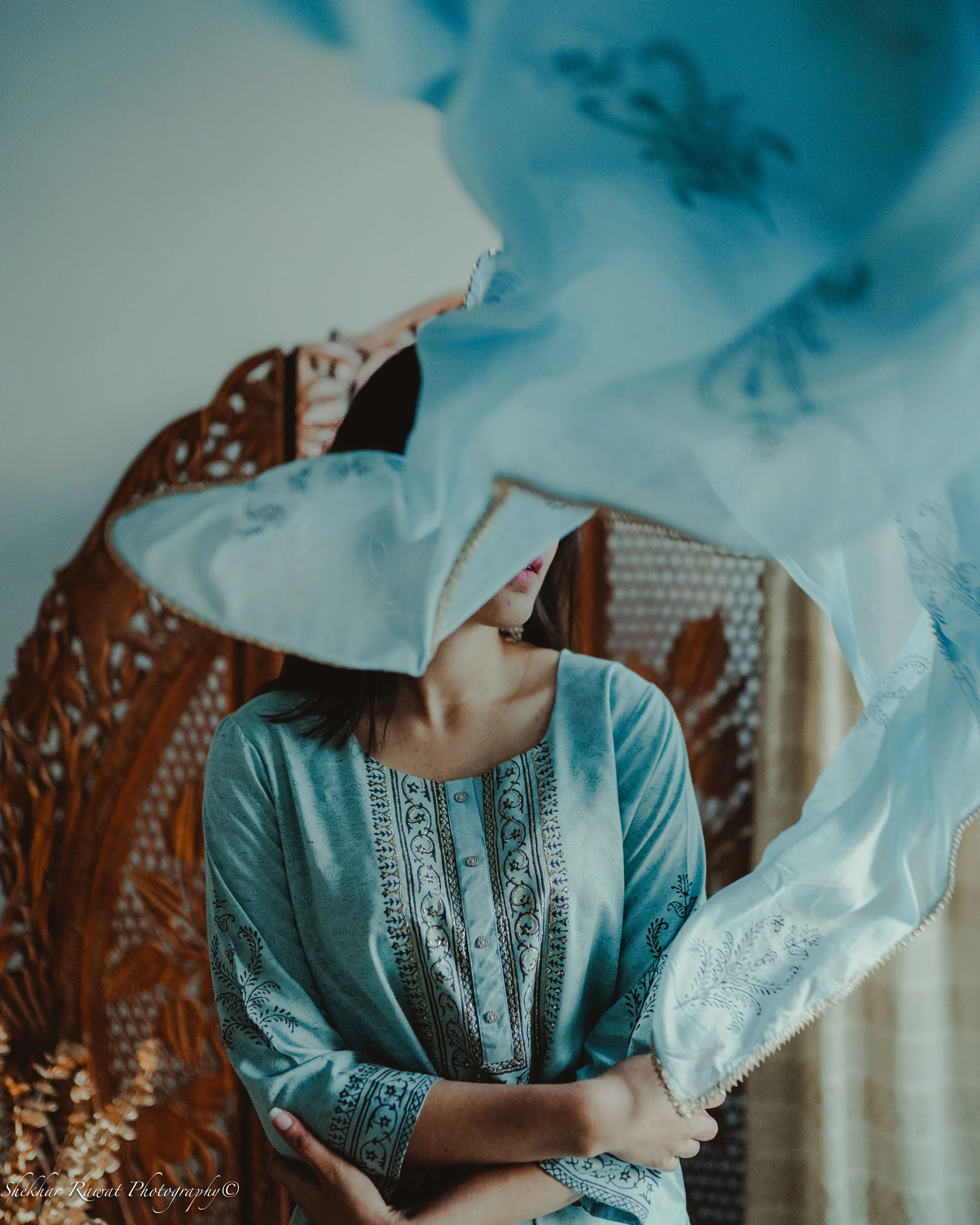 Model in a light blue embroidered Indian outfit and dupatta, Indian fashion shoot by Melbourne photographer Shekhar Rawat