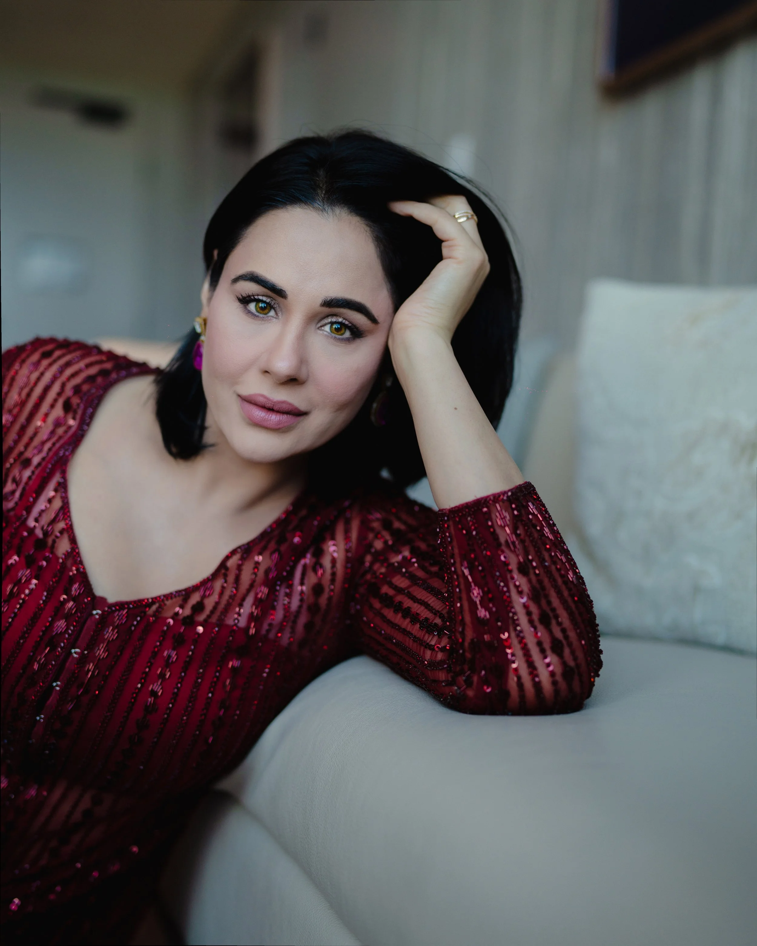 Punjabi actress Mandy Takhar in a red sequinned dress, portrait by Melbourne photographer Shekhar Rawat