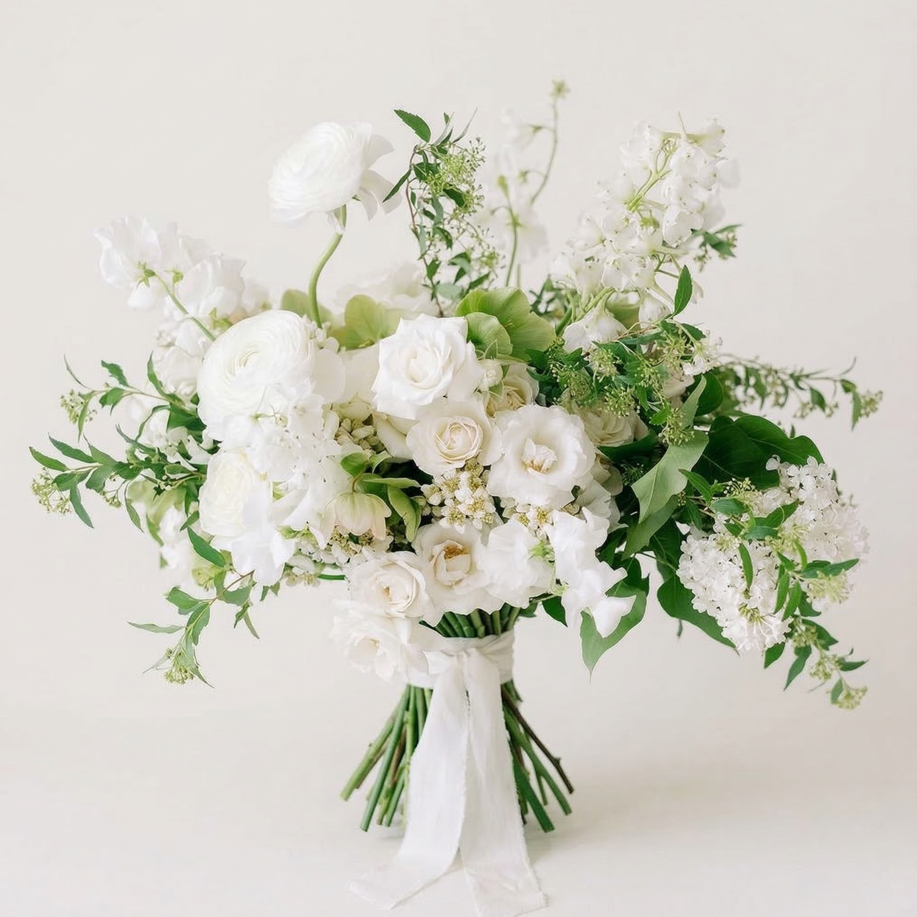 A close-up of a colorful bouquet of various pastel-colored flowers including roses, lisianthus, and other blooms with greenery.