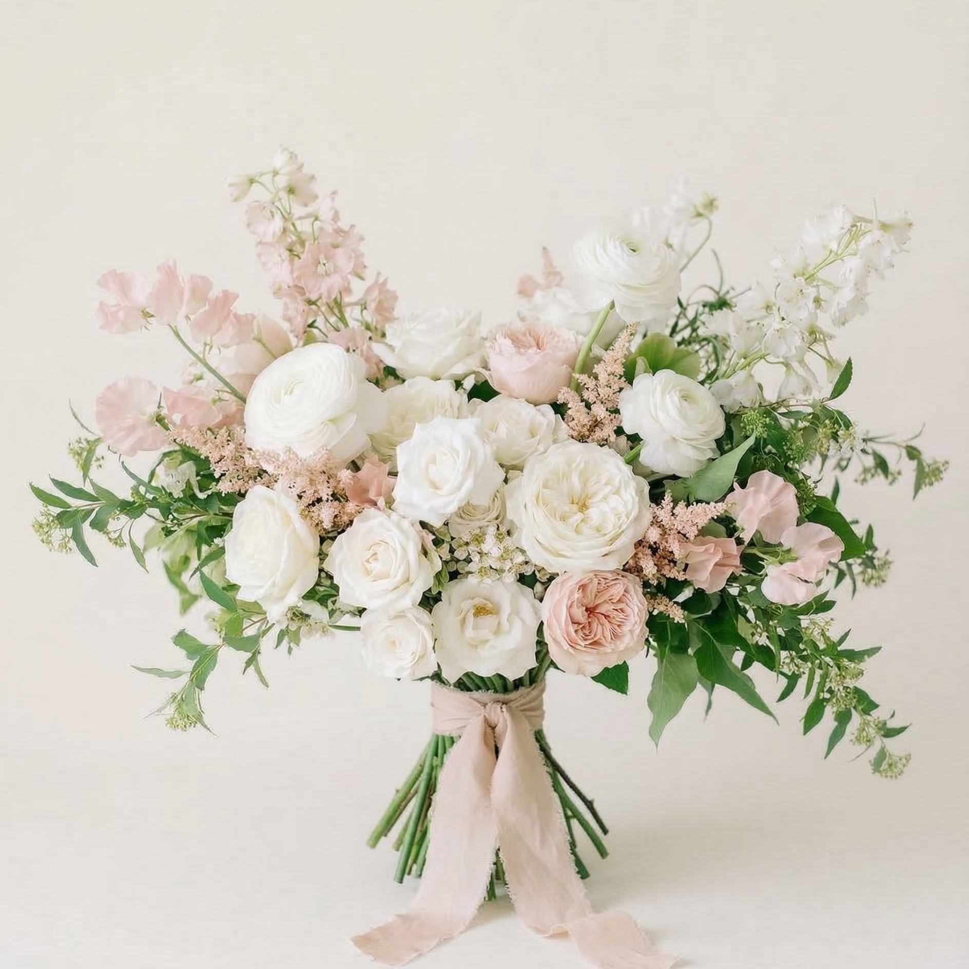 A floral centerpiece with white, pink, and blue flowers in a clear glass vase on a table surrounded by bottles, jars, and a white candle.