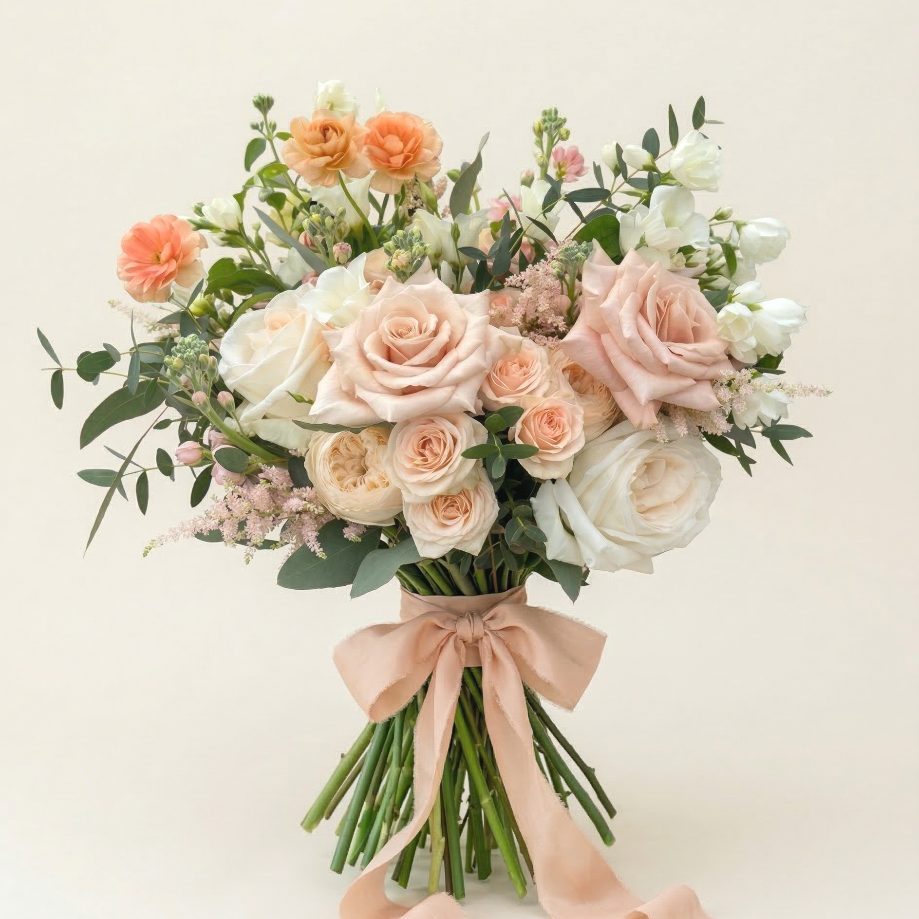 A bouquet of white and blue flowers, a pair of white wedding shoes, and a framed necklace, all arranged on a windowsill.