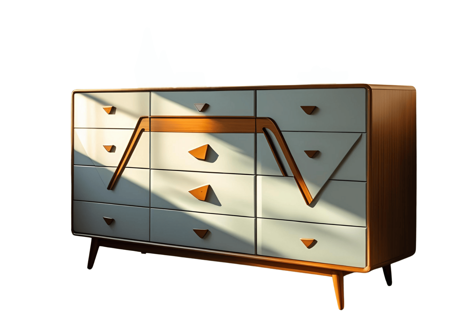 Mid-century modern sideboard with 12 drawers and retro clock hands on the front, wood frame, and tapered legs.