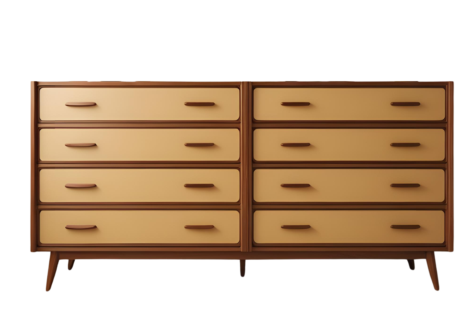 Mid-century modern wooden dresser with beige drawers and angled legs.