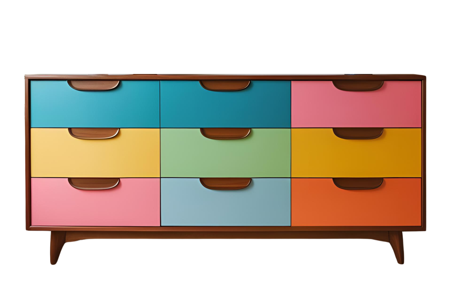 Colorful wooden dresser with nine drawers in pastel shades of blue, pink, yellow, green, orange, and teal, framed in dark brown wood.