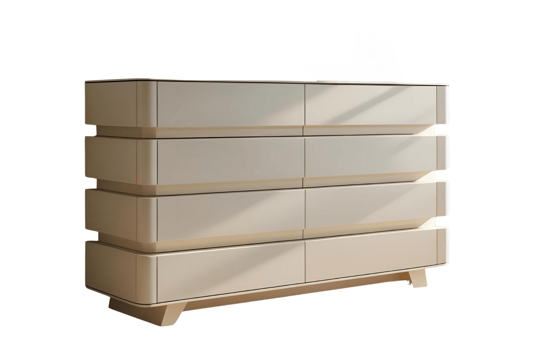 A modern beige dresser with five drawers and angled legs.
