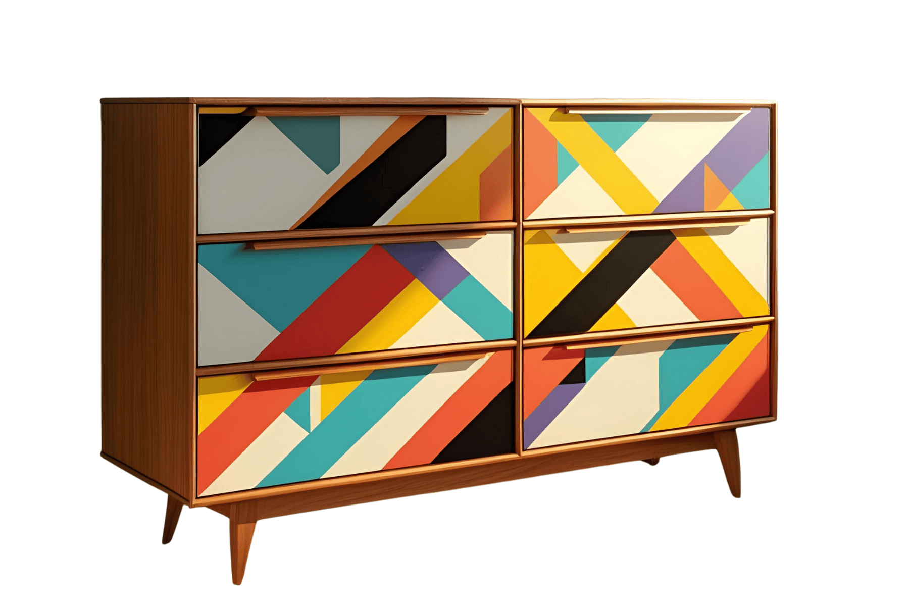 Mid-century modern wooden dresser with six drawers featuring a colorful, geometric pattern including diagonal stripes and triangles in yellow, orange, black, teal, purple, and white.