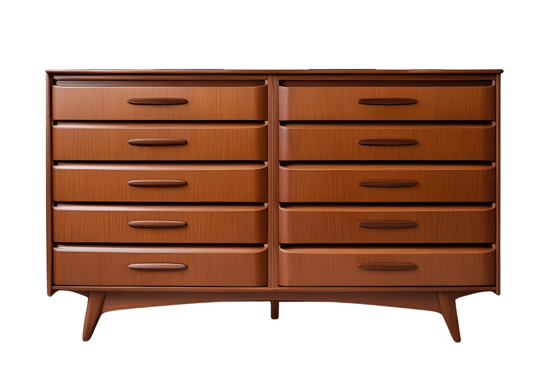 A mid-century modern wooden dresser with multiple drawers and sleek handles.