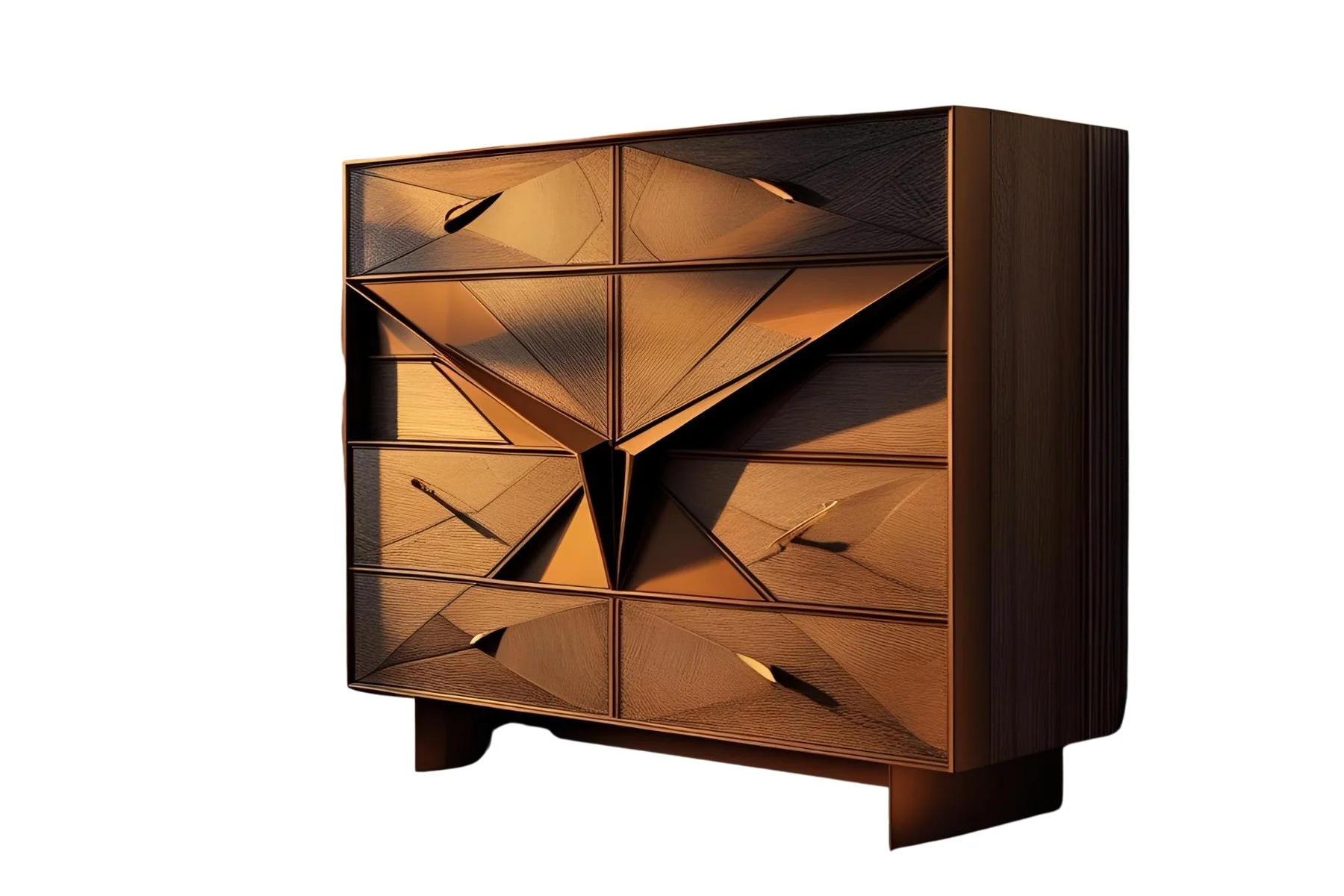 A modern wooden dresser with a geometric, multi-faceted design on the front panels and gold accents.