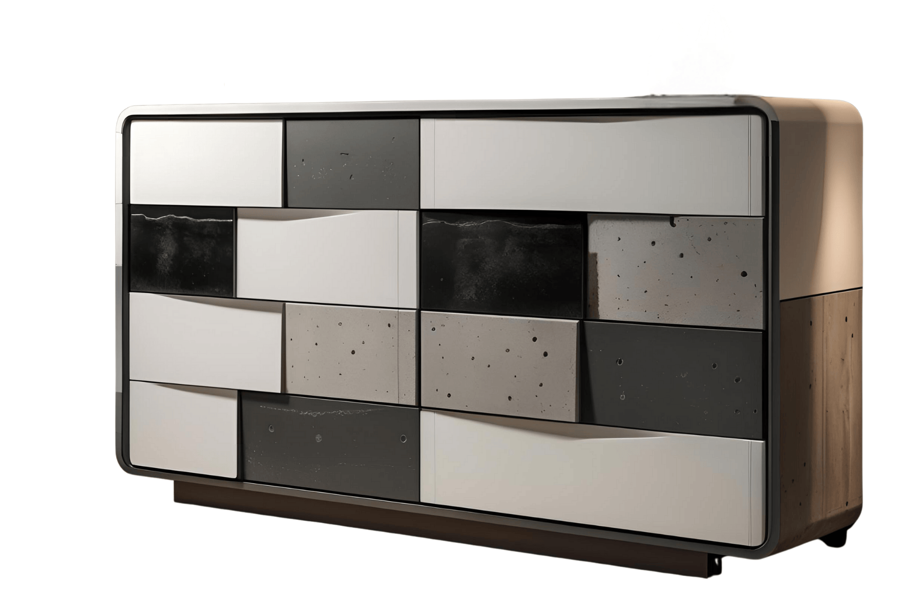 A modern wardrobe with a black, white, and concrete finish, featuring multiple drawers and compartments.