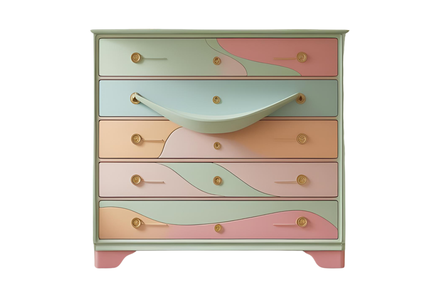 Colorful dresser with abstract pastel-colored patterns on drawers, gold knobs, and a curved handle.