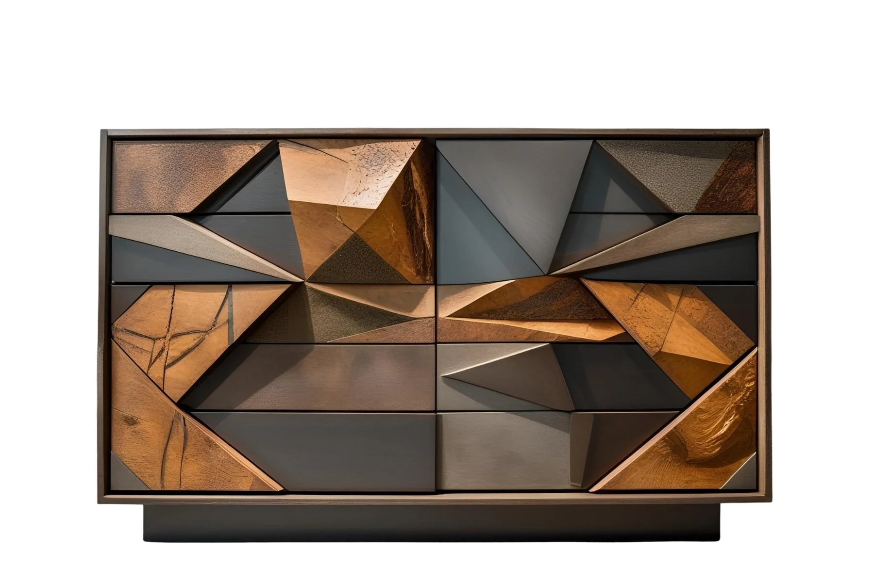 A modern wooden cabinet with geometric, multi-colored, textured and smooth triangular and rectangular panels.