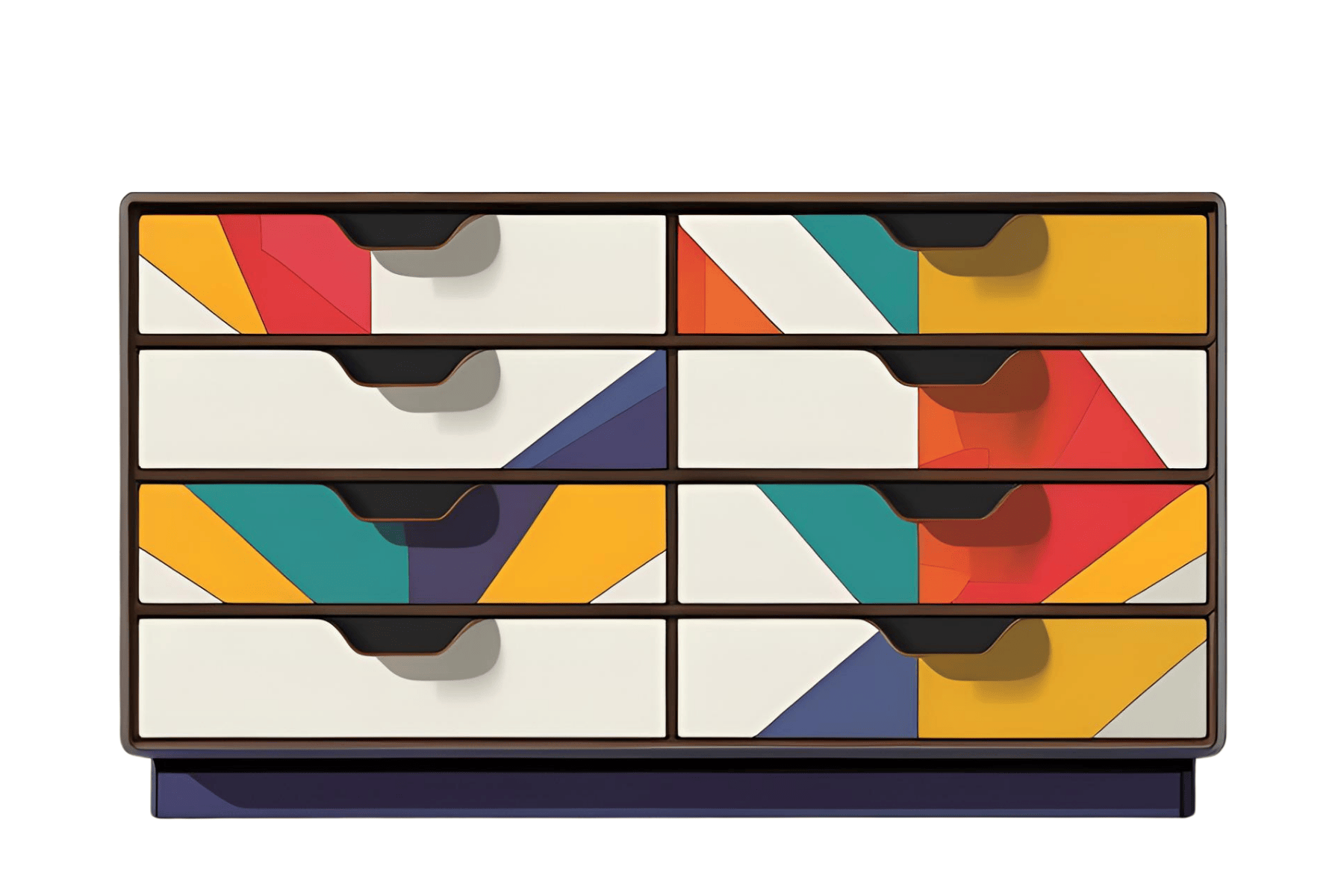 Colorful dresser with geometric patterns on the drawer fronts.