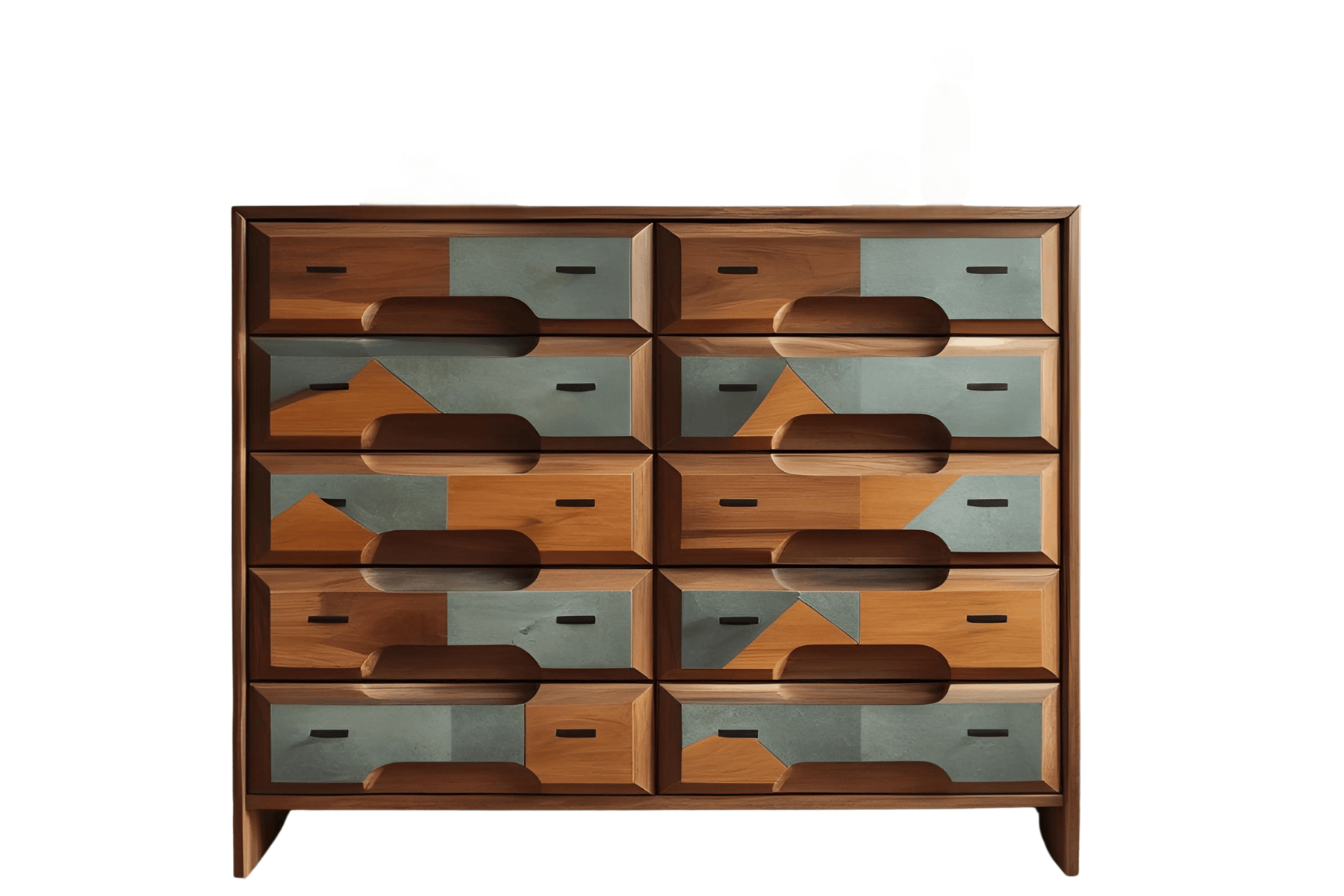 A wooden dresser with a geometric painted design on the front of the drawers in shades of gray, orange, and green.
